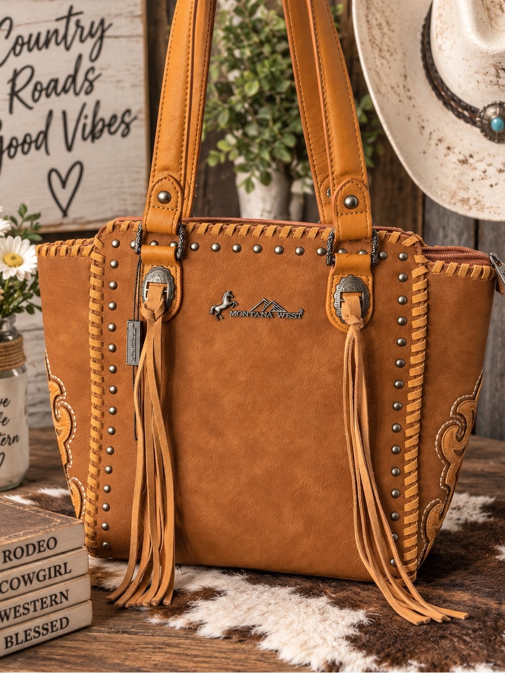 Montana West Western Tote Bag Brown Studded Tooled Accent Fringe NWT